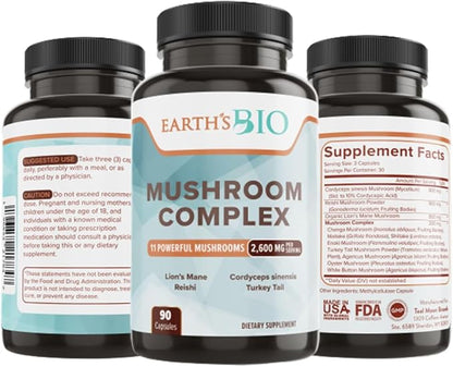 EARTH'S BIO Mushroom Supplement Complex 2,600 mg per Serving, 90 Caps, with Organic Lion's Mane Mushroom, Turkey Tail, Enoki Agaricus, White Button & Oyster Mushroom - Memory & Immune Support