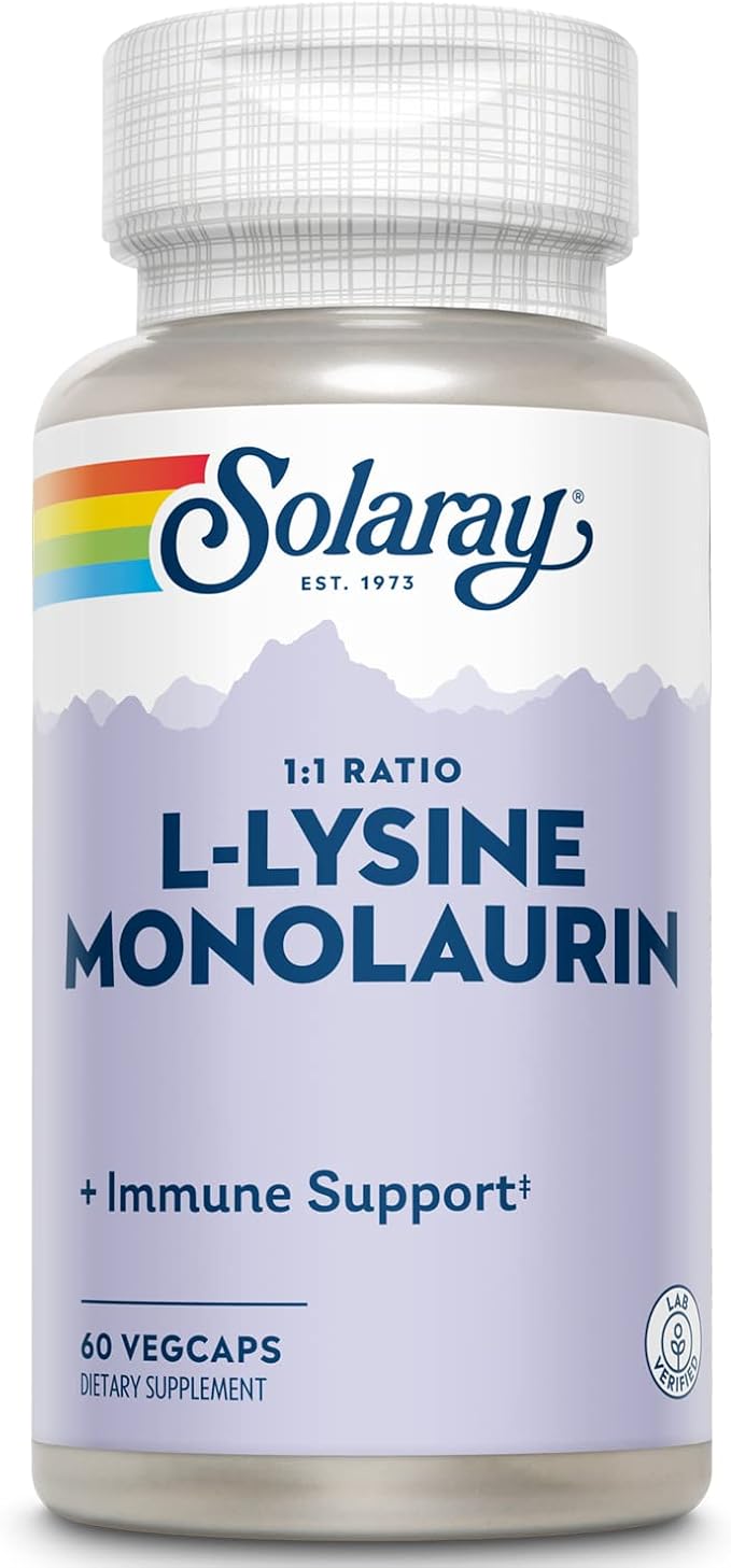 SOLARAY L-Lysine Monolaurin Immune Support Supplement, 1:1 Ratio for Immune System Function, 500 mg Each, 60-Day Money Back Guarantee, 30 Servings, 60 VegCaps