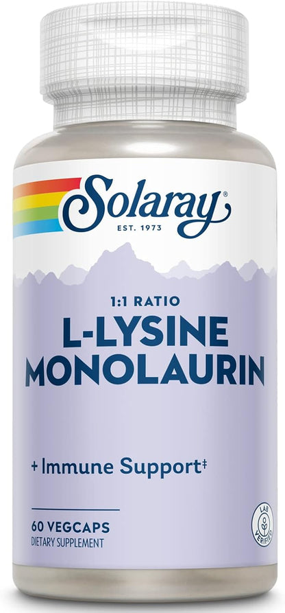 SOLARAY L-Lysine Monolaurin Immune Support Supplement, 1:1 Ratio for Immune System Function, 500 mg Each, 60-Day Money Back Guarantee, 30 Servings, 60 VegCaps