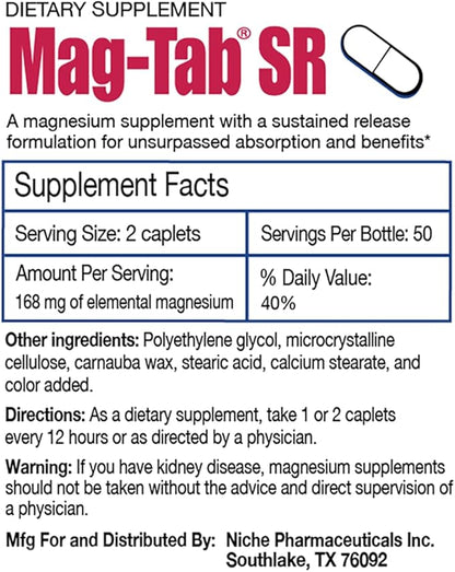 Extended Release Magnesium Lactate Delivery for 10x Better Absorption-Mag-Tab SR (Sustained Release) 100 Count-Supports Sleep, Muscle Cramps, Magnesium Deficiency Health Issue