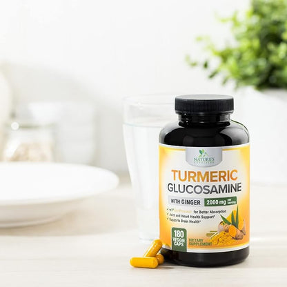 Turmeric Curcumin Supplement 2000mg with Glucosamine Chondroitin & Ginger, 95% Curcuminoids, BioPerine Black Pepper for Best Absorption, Nature's Joint Support, Non-GMO, Bottled in USA - 180 Capsules