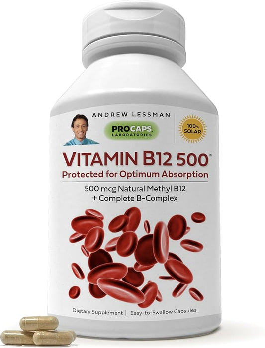 ANDREW LESSMAN Vitamin B12 500 720 Capsules - Absorption-Protected Methylcobalamin (Natural Coenzyme Vitamin B12), Essential for Energy and Stress Support, Plus B-Complex, Easy to Swallow Capsules