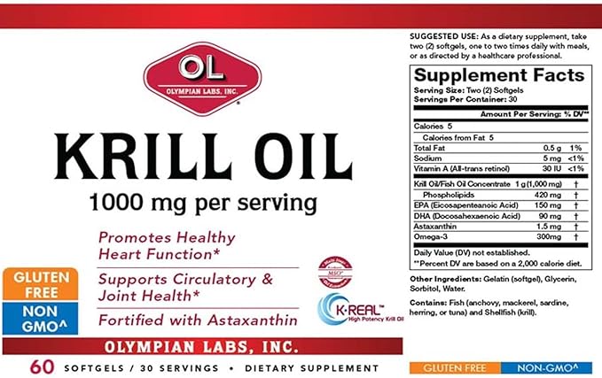Olympian Labs Antarctic Krill Oil, 1000mg Caps with Astaxanthin, Omega-3, EPA, DHA, Immune, Joint & Brain Support, 60 Softgels