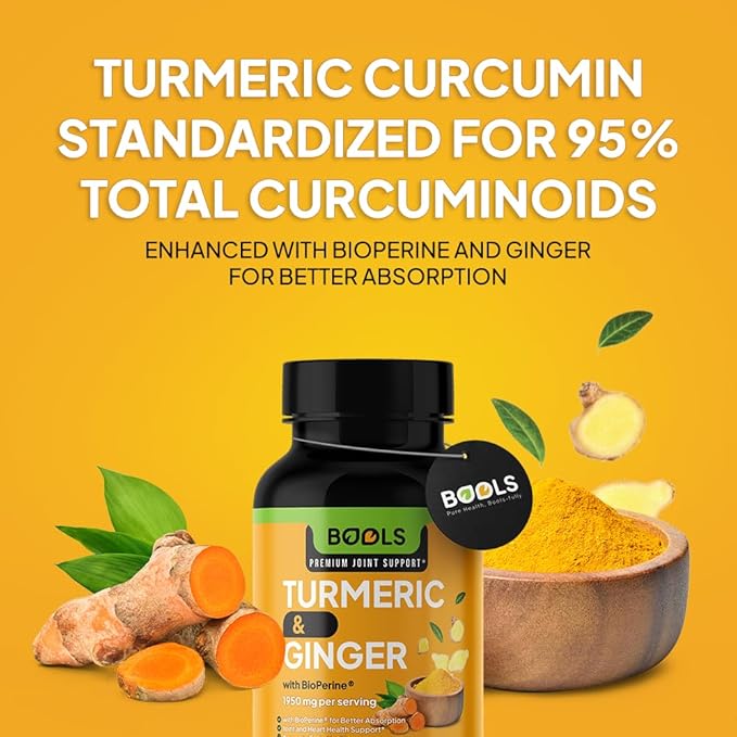Bools Turmeric Curcumin Supplement with BioPerine & Ginger, Turmeric Curcumin with Black Pepper 1950mg for Max Absorption Joint Support- Non-GMO Turmeric Supplement, Vegan, 240 Capsules