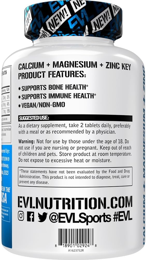 Evlution Nutrition Calcium + Magnesium + Zinc - Bone + Muscle Health Support - Immune + Sleep Supplement - Vegan + Non-GMO - 30 Servings