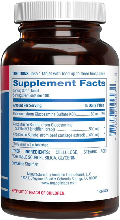 Anabolic Laboratories Glucosamine Chondroitin Tablets - 180 Nutritional Supplements for Joint Health - Contains 500 mg Glucosamine Sulfate Potassium Chloride and 40 mg Chondroitin Sulfate