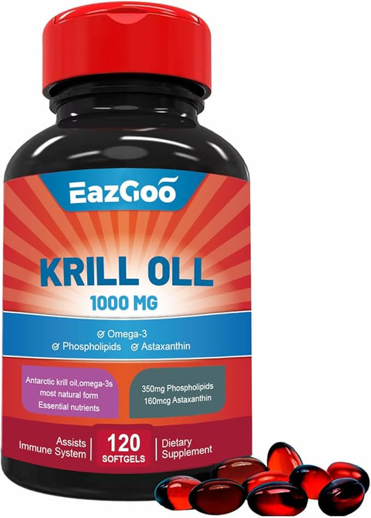 Antarctic Krill Oil 1000mg, Omega 3 Supplement，EPA, DHA, Phospholipids and Astaxanthin- 120 Softgels