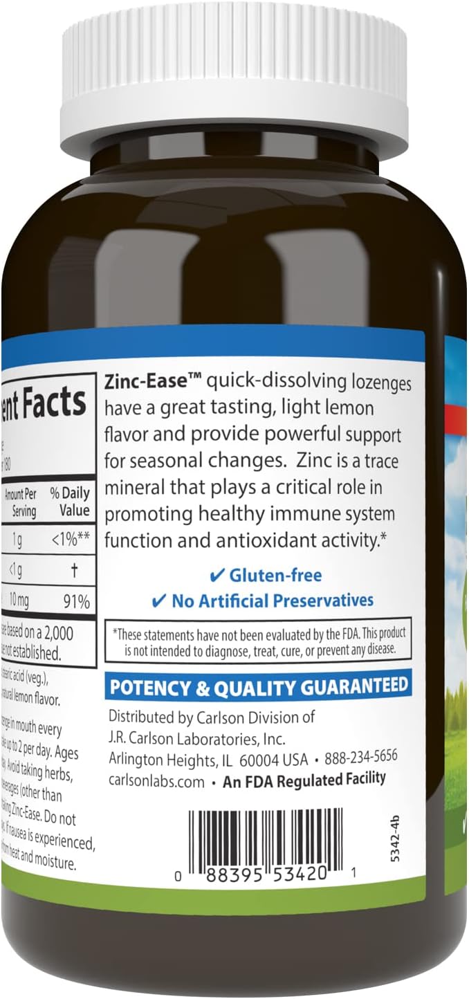 Carlson - Zinc-Ease, Soothing Lozenge, Health Support & Optimal Wellness, Lemon, 180 Lozenges