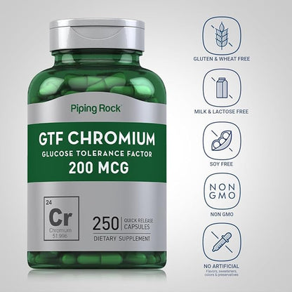 Piping Rock GTF Chromium 200 mcg | 250 Capsules | Glucose Tolerance Factor Supplement | Non-GMO & Gluten Free