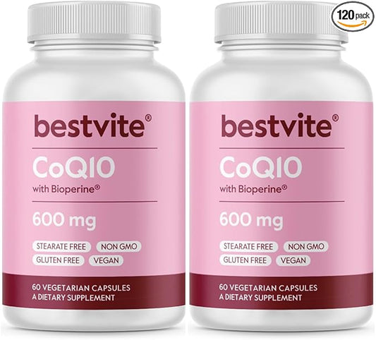 BESTVITE Coenzyme CoQ10 600mg per Capsule with Bioperine (120 Vegetarian Capsules) (2-Pack) Naturally Fermented - No Stearates - No Fillers - Vegan - Non GMO - Gluten Free