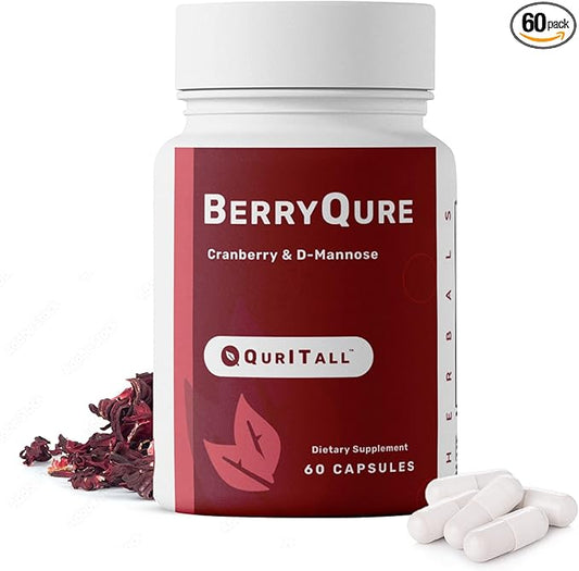 BerryQure Cranberry & D-Mannose Supplements for Women - D-Mannose Pills with Cranberry Juice Powder, Hibiscus Flower & Dandelion Herb Supports Urinary Tract Health - 60 Capsules