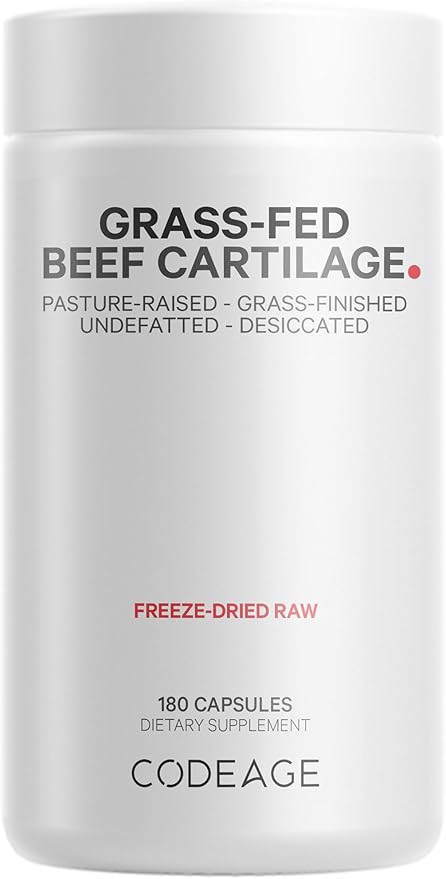 Codeage Grass Fed Beef Cartilage Supplement - Freeze Dried, Non-Defatted, Desiccated Beef Tracheal Bovine Cartilage & Liver Pills – Pasture Raised Argentina Beef Vitamins - Non-GMO -180 Capsules