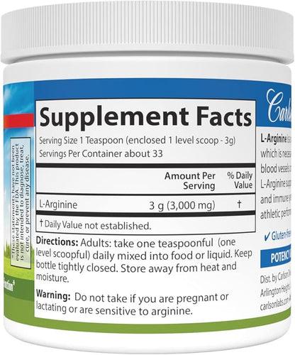 Carlson - L-Arginine Powder, Free-Form Amino Acid, Circulatory Health, 3.53 oz (100 g)