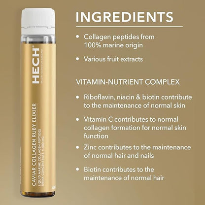 HECH Caviar Collagen Ruby Elixier - Beauty Supplement with 11,000 mg Marine and Caviar Collagen Peptides, Polyphenols and Complex of 9 bioactive Vita-Mineral Nutrients