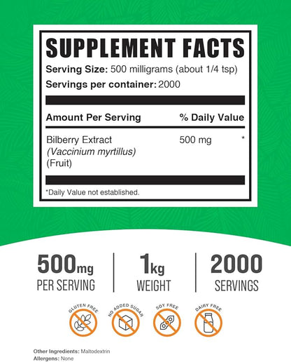 BulkSupplements.com Bilberry Extract Powder - Bilberry Fruit Extract, Bilberry Powder, Bilberry Supplement for Eyes - Glulten Free, 500mg per Serving, 1kg (2.2 lbs) (Pack of 1)