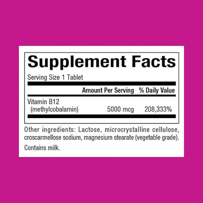Natural Factors, Vitamin B12 Methylcobalamin 5000 mcg, Chewable Support for Energy and Immune Health, Vegetarian, 60 tablets (60 servings)