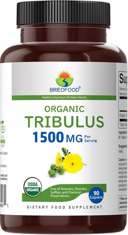 Brieofood Organic Tribulus 1500mg, 45 Servings, Vegetarian, Gluten Free, 90 Vegetarian Tablets