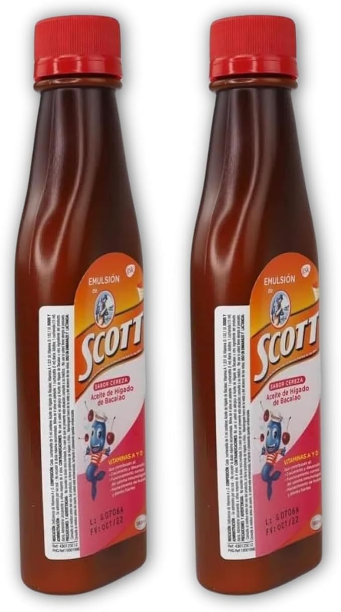 Yahve - Emulsion de Scott Aceite de hígado de bacalao sabor Cereza - Pack de 2 de 6.1 fl oz - 180 ml - Suplemento dietético para niños con vitamina A y Calcio.