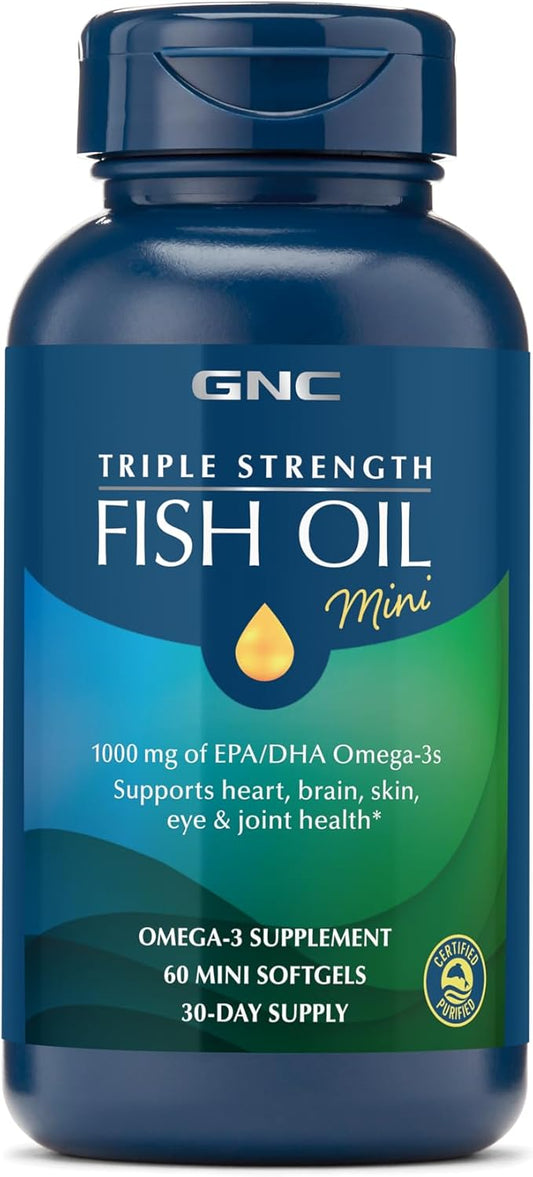 GNC Triple Strength Fish Oil Mini Omega 3 Supplement, 1000mg EPA and DHA, Supports Heart, Brain, Skin, Eye and Joint Health, 60 Mini Softgels