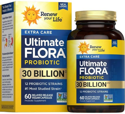 Ultimate Flora Probiotics 30 Billion CFU Delayed Release Vegan Capsules | Extra Care | Digestive Health | Immune Health | Dairy Free | 60 Count