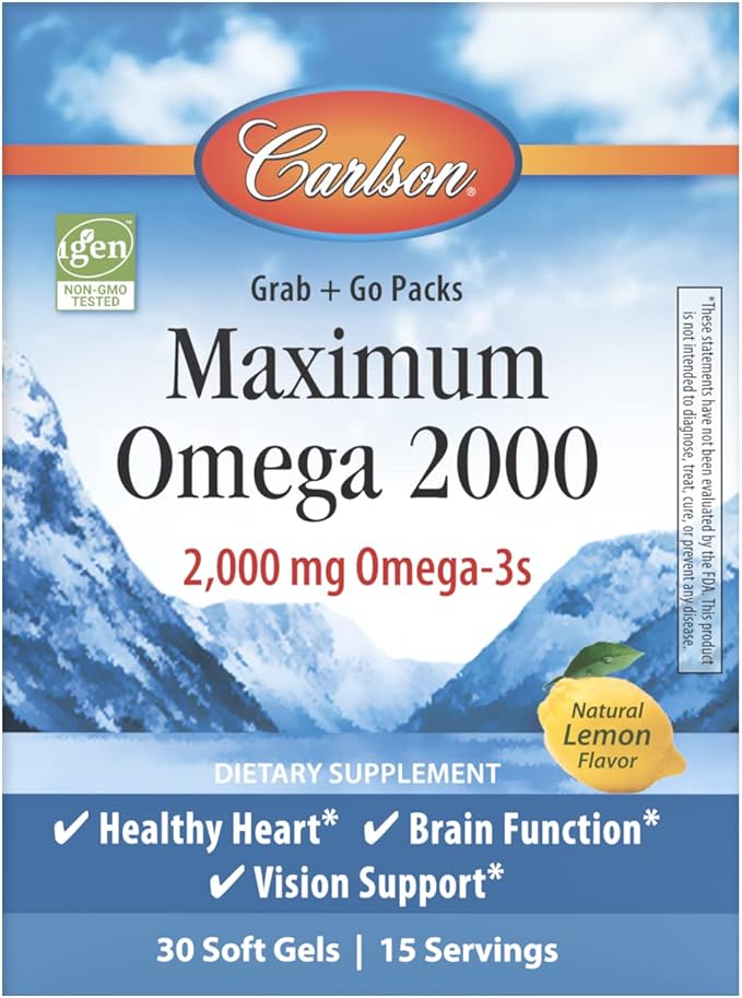 Carlson - Maximum Omega 2000 Grab + Go Packs, 2000 mg Omega-3s, Wild-Caught, Norwegian Fish Oil Supplement, Sustainably Sourced Fish Oil Capsules, Lemon, 30 Softgel Pack