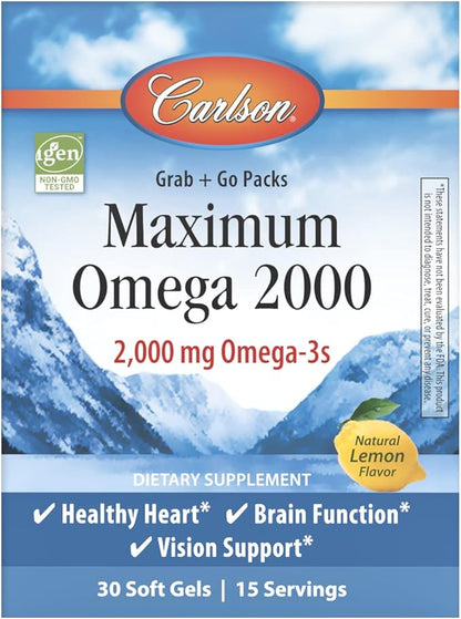 Carlson - Maximum Omega 2000 Grab + Go Packs, 2000 mg Omega-3s, Wild-Caught, Norwegian Fish Oil Supplement, Sustainably Sourced Fish Oil Capsules, Lemon, 30 Softgel Pack