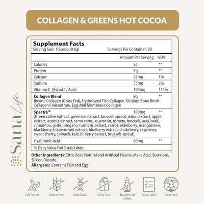 Collagen & Greens Powder, Multi-Collagen Supplement with Hyaluronic Acid for Skin, Hair, Nail & Gut Health - 30 Servings (Hot Cocoa)