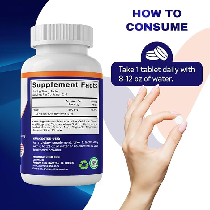 Vitamatic Niacin (Vitamin B3) 500mg, Sustained Release, 240 Tablets - Non-GMO & Gluten Free
