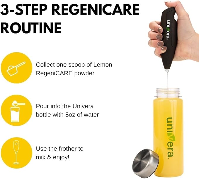 Univera RegeniCARE Gift Set with Bottle and Frother – Joint Support with Glucosamine, Univestin, MSM, Chondroitin – 30 Servings, Lemon