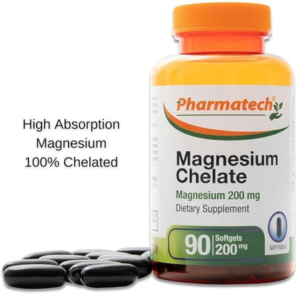 Magnesium Chelate 200 mg, Glycinate, High Absorption Magnesium, 100% Chelated, Better Sleep, Stress Relief, Improve Energy, for Women and Men, 90 Softgels, by Pharmatech ®