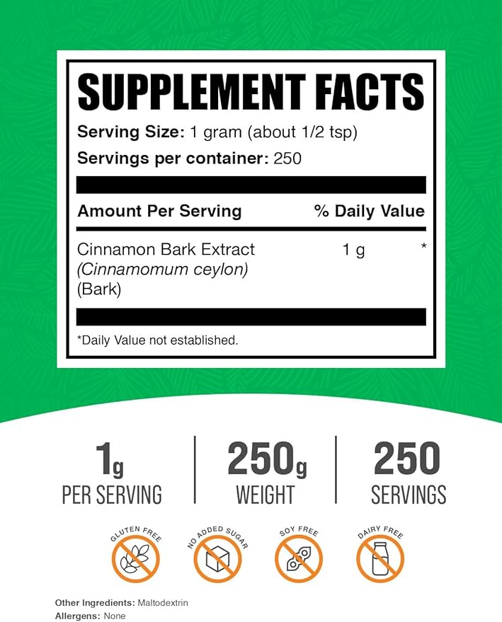 BulkSupplements.com Ceylon Cinnamon Extract Powder - Cinnamon Extract, Cinnamon Ceylon - Cinnamon Supplement, Pack of 1 - Gluten Free & Soy Free, 1000mg per Serving, 250g (8.8 oz)