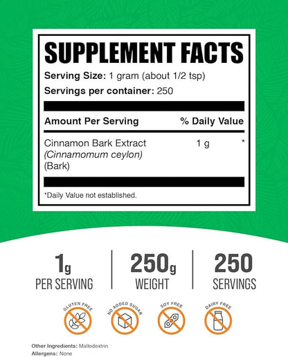 BulkSupplements.com Ceylon Cinnamon Extract Powder - Cinnamon Extract, Cinnamon Ceylon - Cinnamon Supplement, Pack of 1 - Gluten Free & Soy Free, 1000mg per Serving, 250g (8.8 oz)