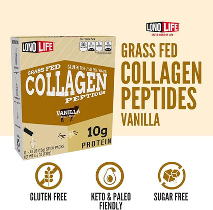 LonoLife - Vanilla Flavored Collagen Peptides with 10g Protein, Paleo and Keto Friendly, Portable Individual Packets, 10 Servings, 10 Count - Packaging May Vary