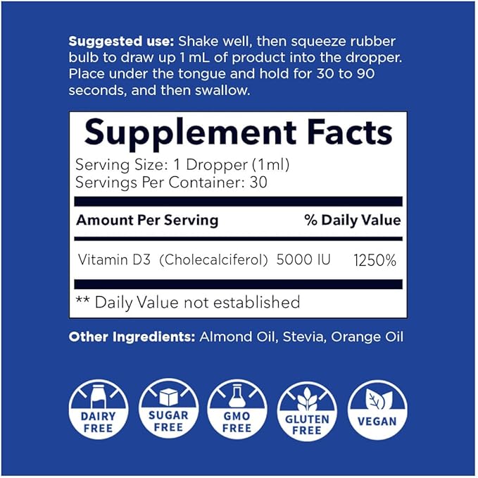Nano Vitamin D3+K2 Nanosized Liquid Particles | Rapid Absorption | 5000 IU Potent Formulation - 1Fl Oz | Non-GMO, Gluten Free | Supports Bone, Joint, Heart & Immune Health