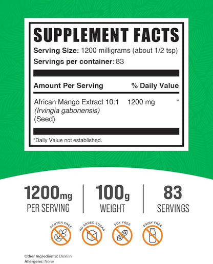 BulkSupplements.com African Mango Extract Powder - Irvingia Gabonensis, African Mango Powder - Gluten Free, 1.2g per Serving, 100g (3.5 oz) (Pack of 1)