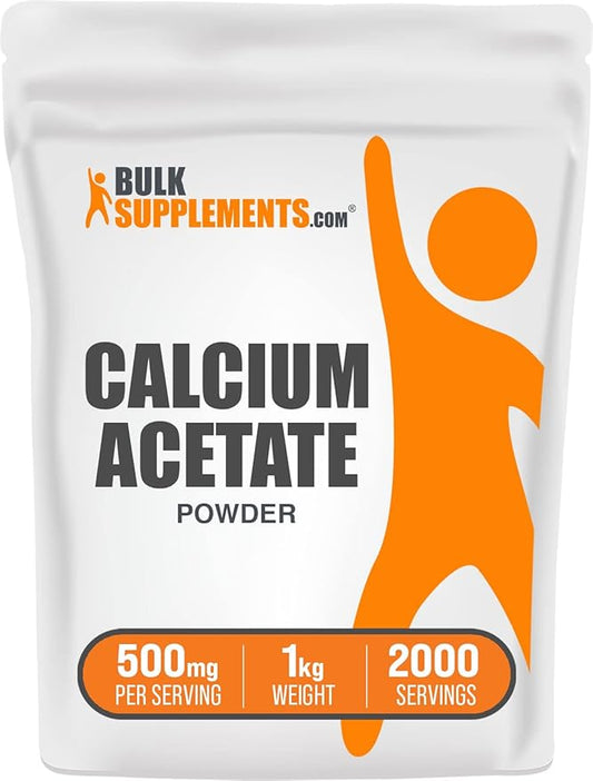 BulkSupplements.com Calcium Acetate Powder - Calcium Supplement, Calcium Powder - Food Grade, for Bone Health, 500mg (125mg Calcium) per Serving, 1kg (2.2 lbs)