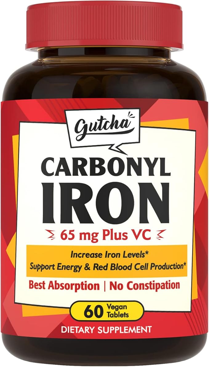 Iron Supplement, 65 mg Carbonyl Iron Plus Vitamin C, Energy & Blood Support for Women & Men, Better Absorption, Gentle on The Stomach, No Nausea, No Constipation, Vegan, Non-GMO, 60 Ct