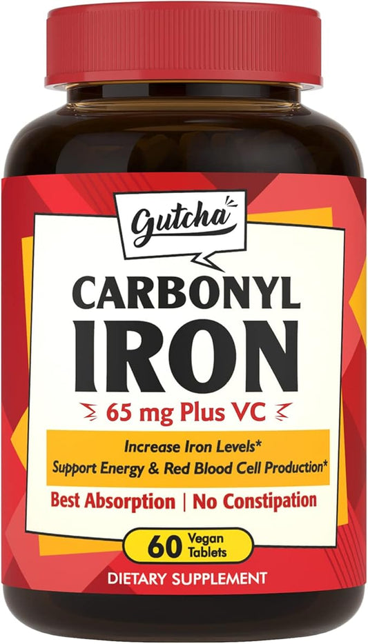 Iron Supplement, 65 mg Carbonyl Iron Plus Vitamin C, Energy & Blood Support for Women & Men, Better Absorption, Gentle on The Stomach, No Nausea, No Constipation, Vegan, Non-GMO, 60 Ct