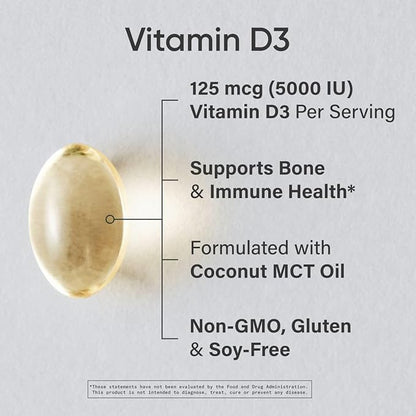 Sports Research Vitamin D3 5000iu (125mcg) with Coconut Oil ~ High Potency Vitamin D for Immune & Bone Support ~ Non-GMO Verified, Gluten & Soy Free (360 Mini-Liquid Softgels)