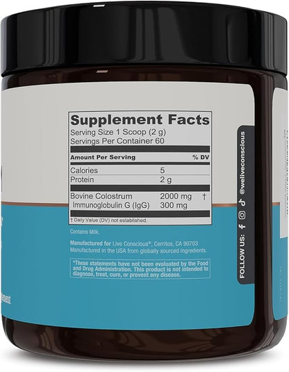 Live Conscious Colostrum Powder - Grass Fed Bovine Colostrum Supplement with Lactoferrin for Iron Absorption - Immune System Supplement (2-Pack)