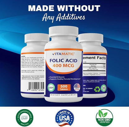 Vitamatic Folic Acid 400 mcg - 500 Vegetarian Tablets - Vitamin B9