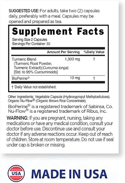 BLUE-EMU Joint Health Turmeric Extract Plus Bioperine Patented Black Pepper Extract for Enhanced Absorption,1,300 mg, 60 Capsules, 2 Pack