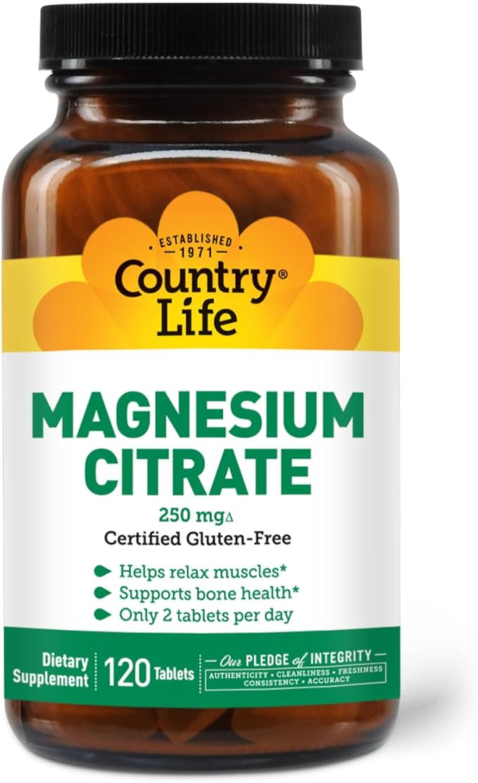 Country Life Magnesium Citrate 250mg - 120 Tablets - Supports Muscle & Nerve Function, Heart Rhythm, Healthy Immune System, Energy Production - Magnesium Complex Supplement