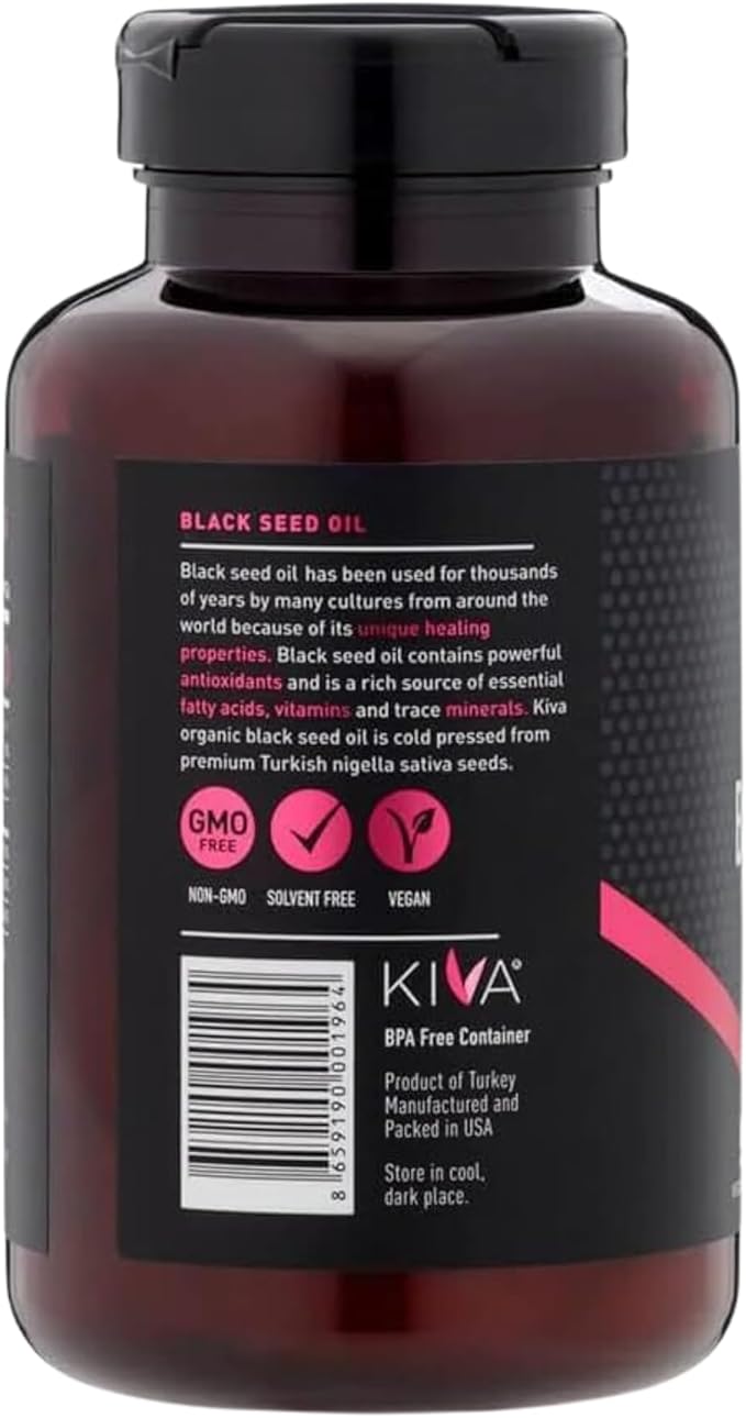 Kiva Black Seed Oil Softgel Capsules - Cold-Pressed (2000mg), 1.5%+ High Thymoquinone (TQ), 100% Turkish Nigella Sativa Seed Oil, 90 Vegan Softgels