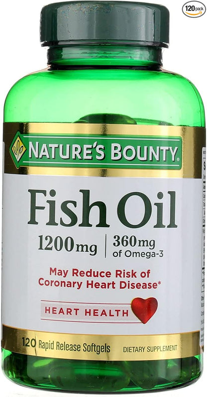 Fish Oil by Nature's Bounty, Dietary Supplement, Omega 3, Supports Heart Health, 1200 Mg, 120 Rapid Release Softgels (Pack of 2)