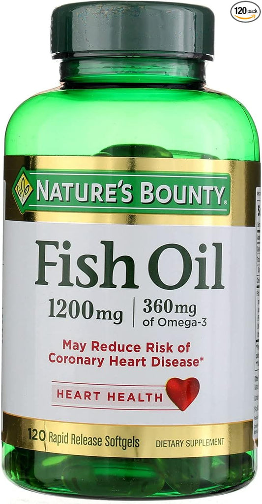 Fish Oil by Nature's Bounty, Dietary Supplement, Omega 3, Supports Heart Health, 1200 Mg, 120 Rapid Release Softgels (Pack of 2)