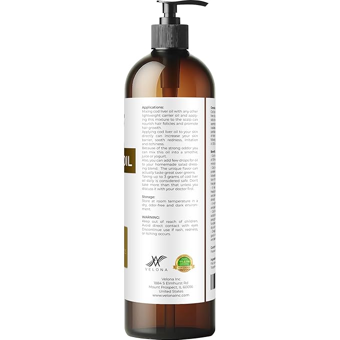 velona Cod Liver Oil - 8 Fl Oz | 1,000A/100D IU/g Omega 3 Vitamins A & D3 | Norwegian Arctic Sustainably Sourced Nordic Oil | Hair, Body and Skin Care | Use Today - Enjoy Results