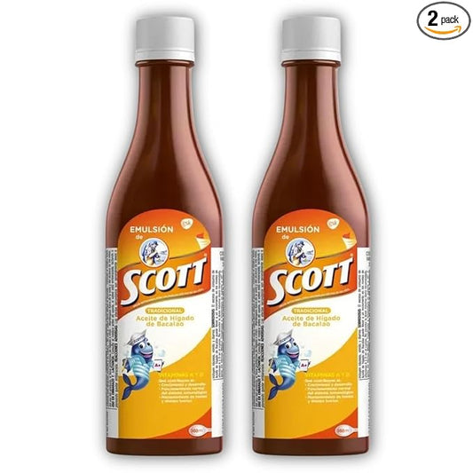 YAHVE - Emulsion de Scott Aceite de hígado de bacalao sabor tradicional Pack de 2 de 6.1 fl oz - 180 ml - Suplemento dietético para niños con vitamina A y Calcio.