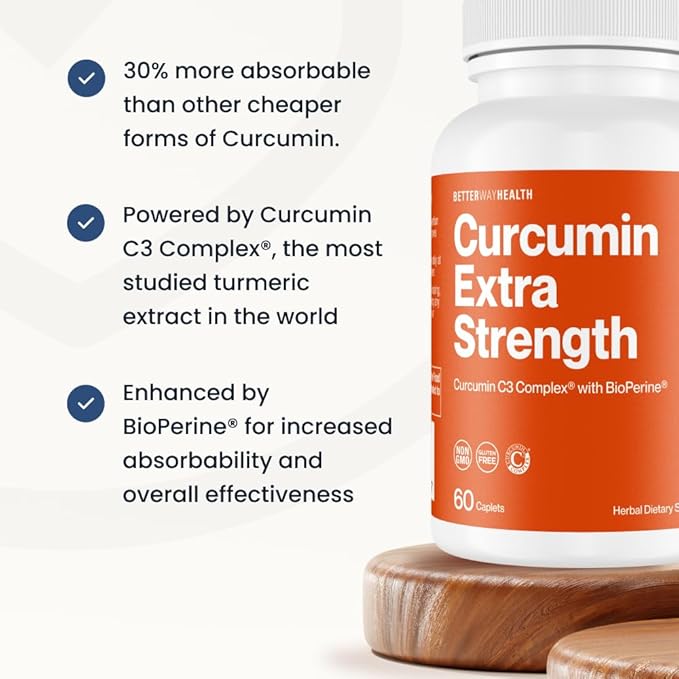 Better Way Health™ - Curcumin Extra Strength - Turmeric Curcumin C3® Complex + BioPerine® Black Pepper Extract - Promotes Joint & Immune Health - 1000mg/60 Caplets