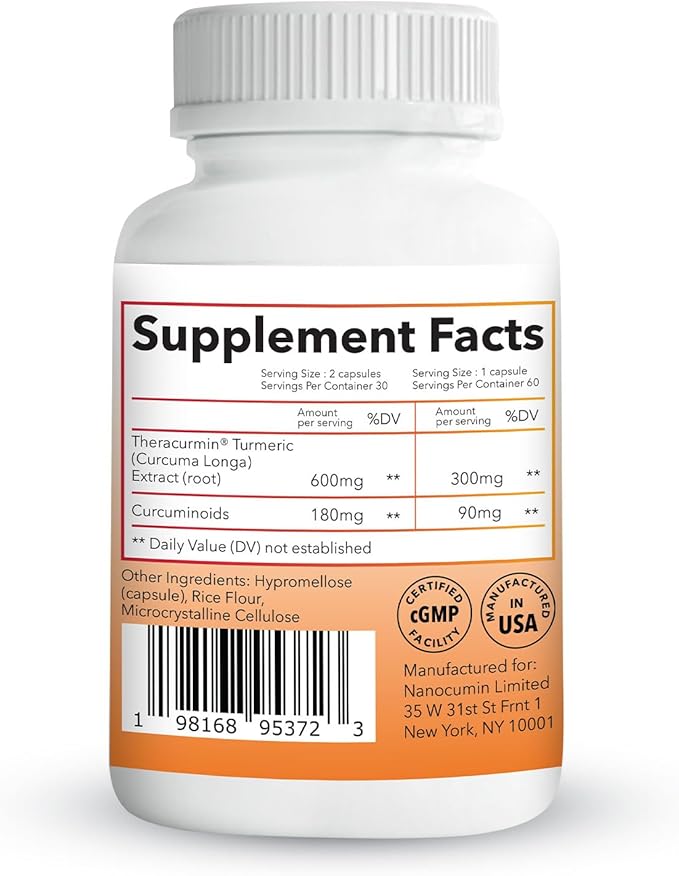 Theracurmin Turmeric Curcumin Supplement, 60 Count, High Absorption Turmeric & Curcumin -Joint Support Supplement - 42.6X More Bioavailablity